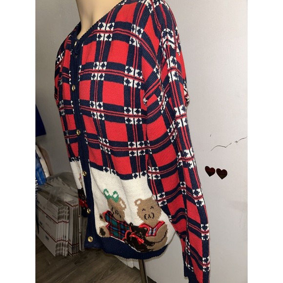 Vtg Sweater Loft 90s Christmas Ugly Vest Knit Cardigan Button Up Teddy Bear sz M - Picture 2 of 9